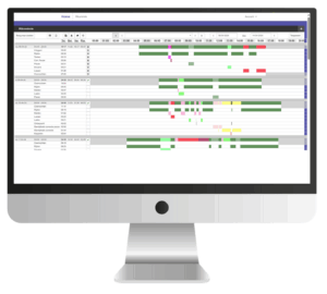 Overzicht van rit- en tijdregistratie in EasyHours op een computerscherm, met visuele weergave van gewerkte uren en activiteiten.