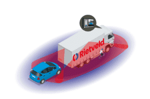 Rietveld vrachtwagen uitgerust met het OmniVue 360° achteruitrijcamera systeem, dat een fietser en een auto in de dode hoek detecteert voor verbeterde veiligheid.