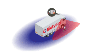 Rietveld vrachtwagen met dodehoek camerasysteem dat een fietser in de dode hoek detecteert, met behulp van de SmartVue DobliCam om de bestuurder te waarschuwen